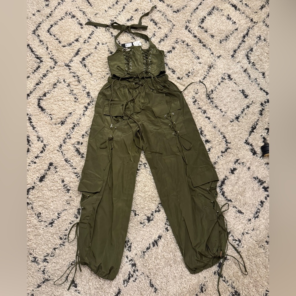 Olive Green Lace-Up Jumpsuit